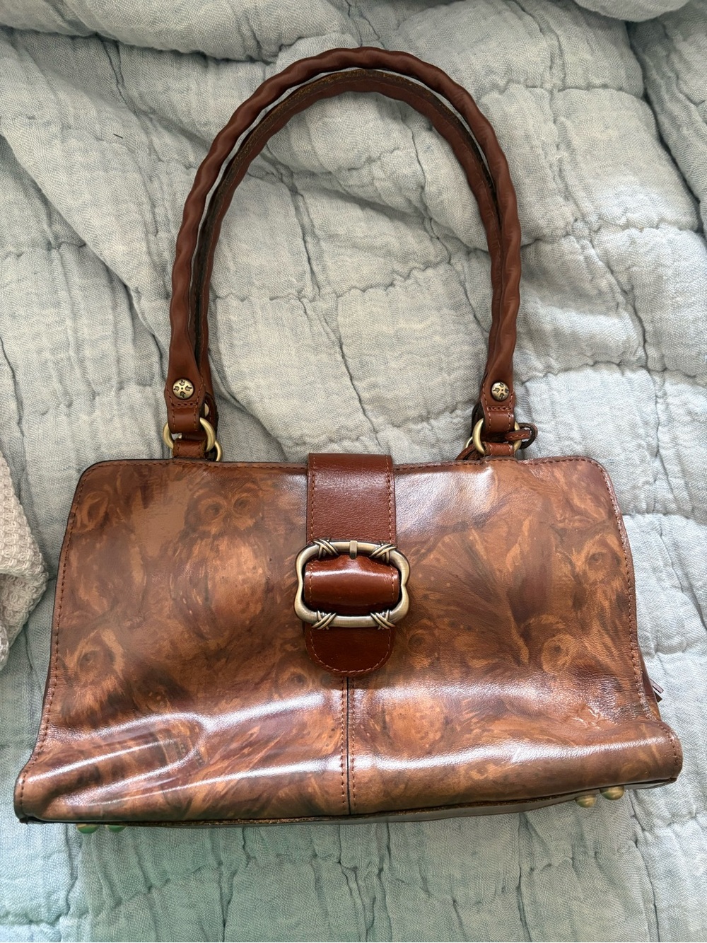 Patricia Nash Owl Patterned Brown Leather Shoulder Bag with Buckle